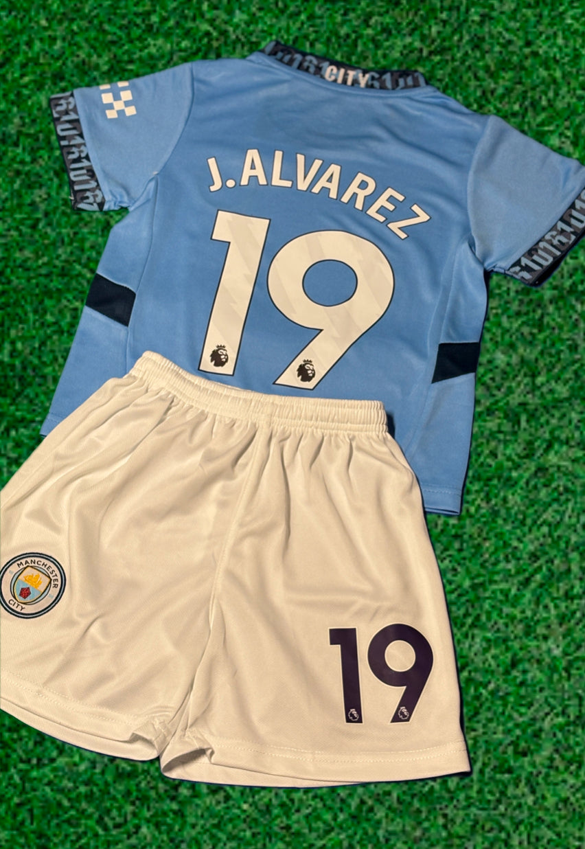 J Alvarez 19 Kids Soccer Jersey Man City Home Kids Youth & Toddler Jersey Kit 3