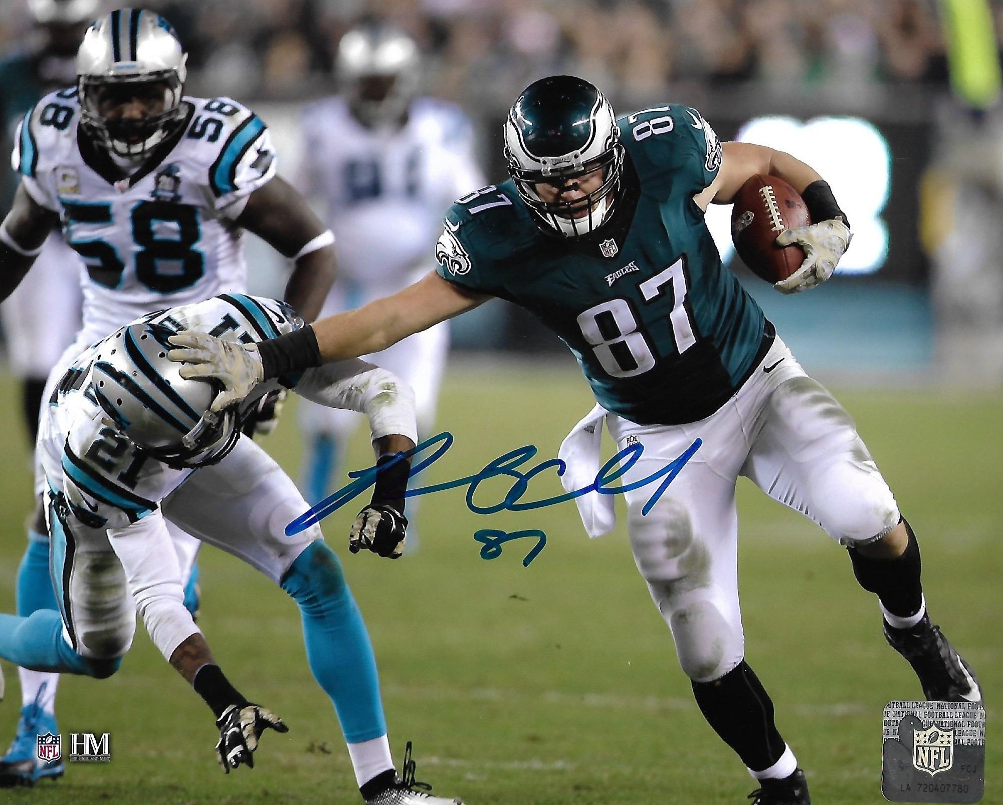 Brent Celek Stiff-Arm Action Philadelphia Eagles Autographed 11" x 14" Football Photo 1
