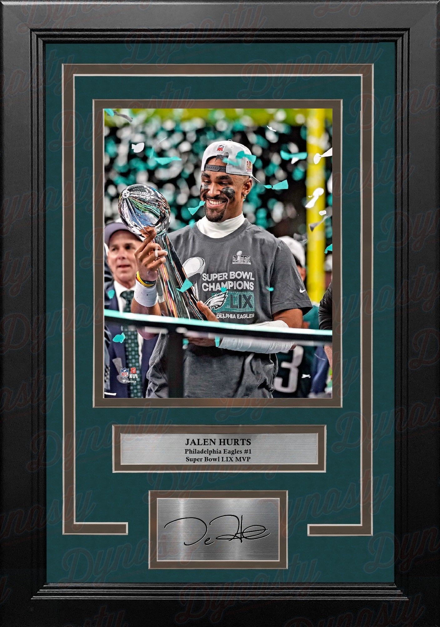 Jalen Hurts Trophy Philadelphia Eagles Super Bowl Champions 8x10 Framed Photo & Engraved Autograph 1