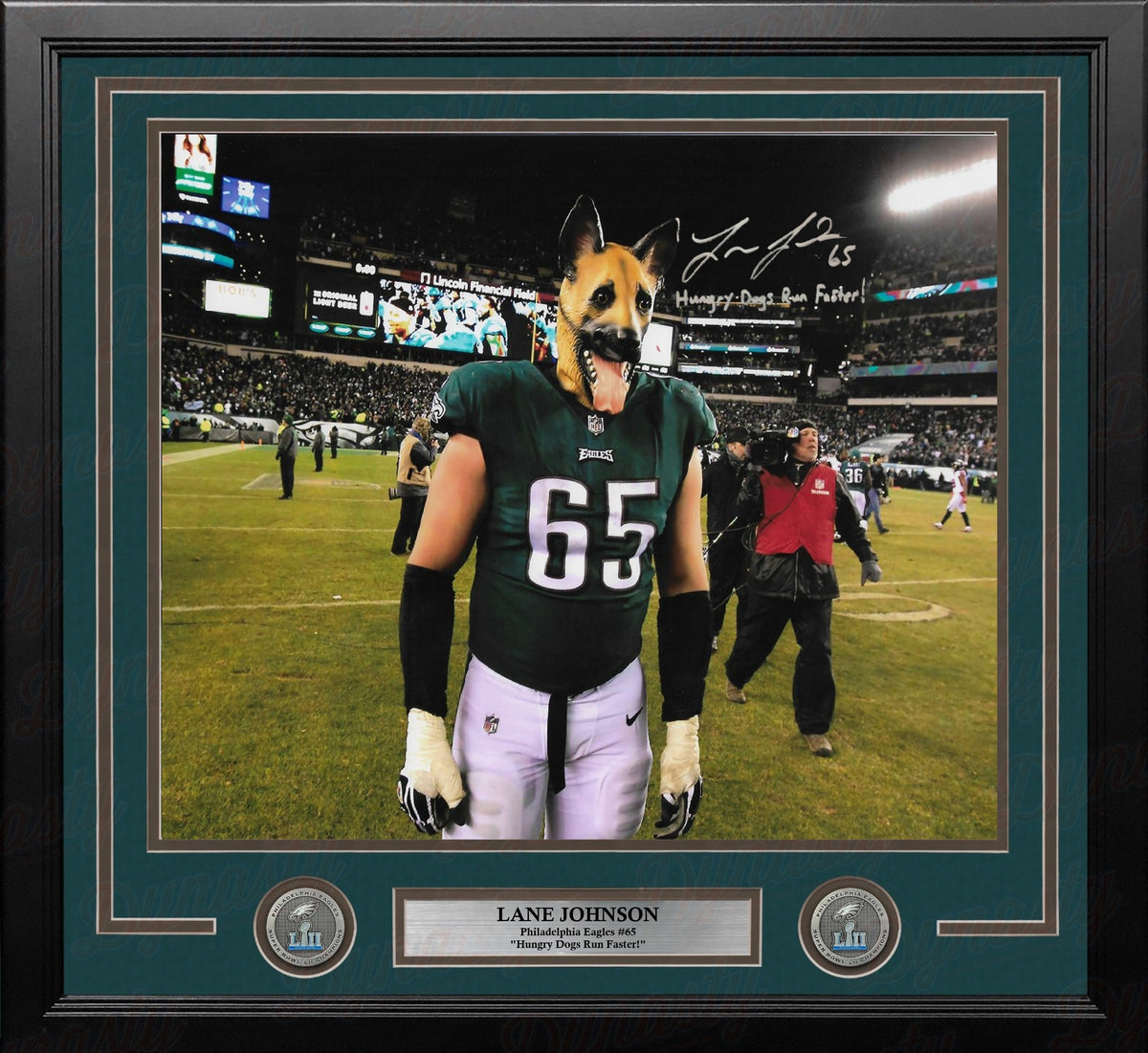 Lane Johnson Underdog Philadelphia Eagles Autographed 16x20 Framed Photo Insc Hungry Dogs Run Faster 1