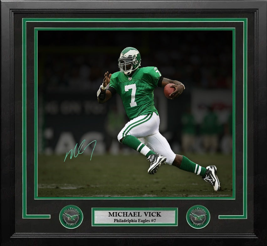 Michael Vick Kelly Green Action Philadelphia Eagles Autographed 16" x 20" Framed Blackout Photo 1