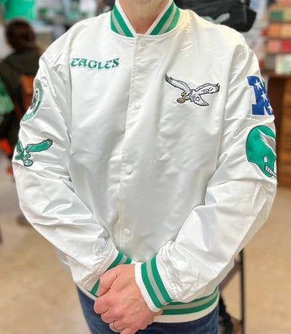 Philadelphia Eagles Mitchell & Ness White City Collection Satin Full-Snap Varsity Jacket 1