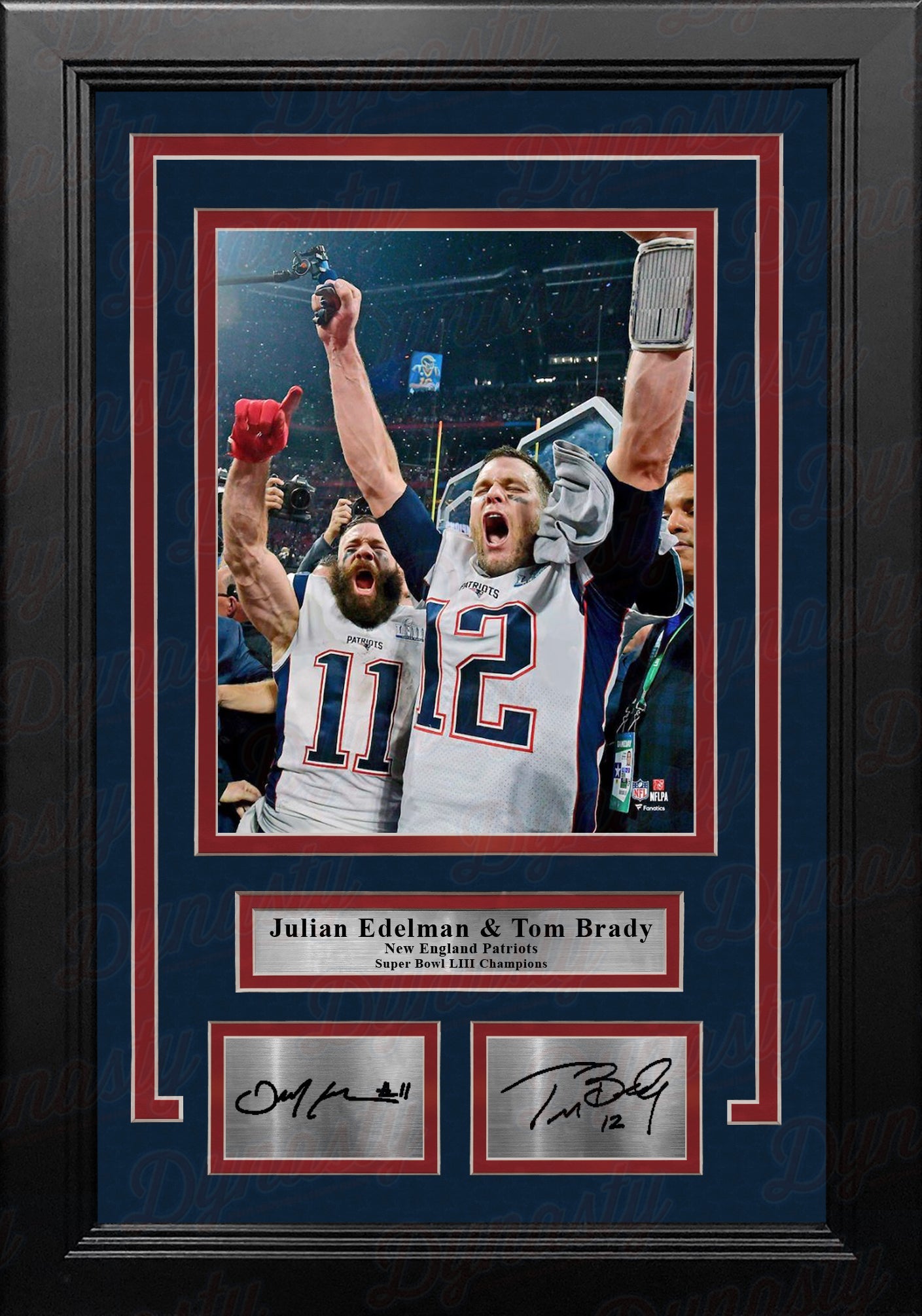 Julian Edelman & Tom Brady Super Bowl LIII Patriots 8x10 Framed Photo with Engraved Autographs 1