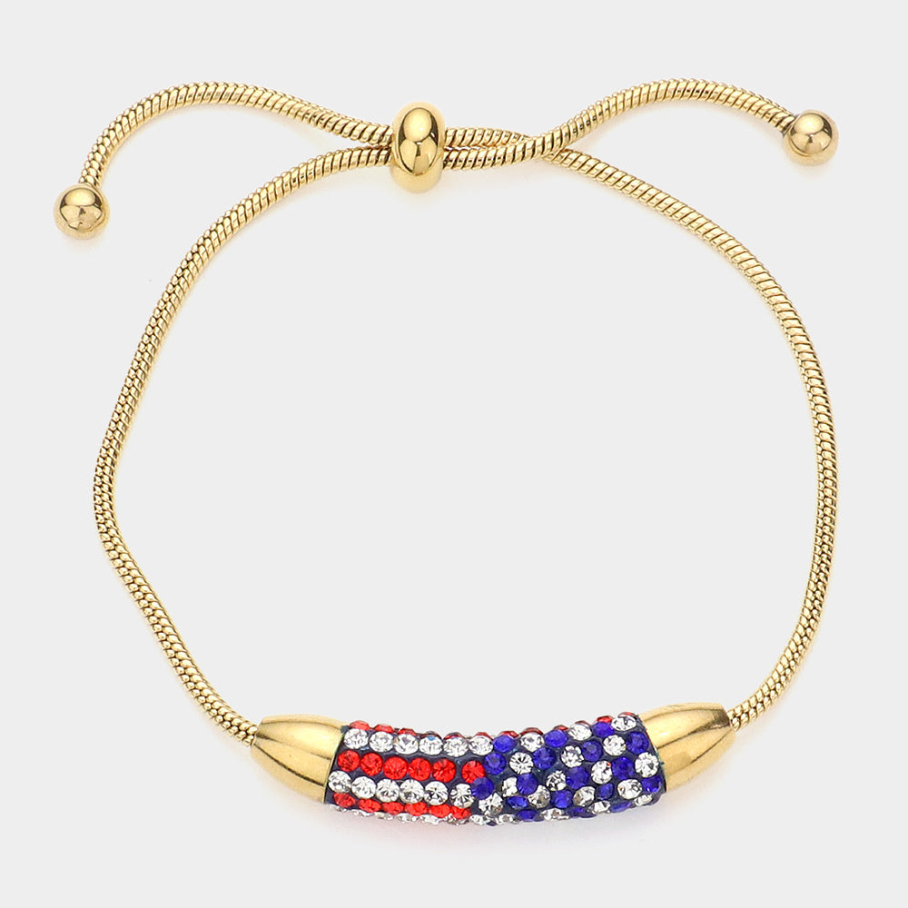 Stone Paved USA Flag Bar Adjustable Pull Tie Bracelet