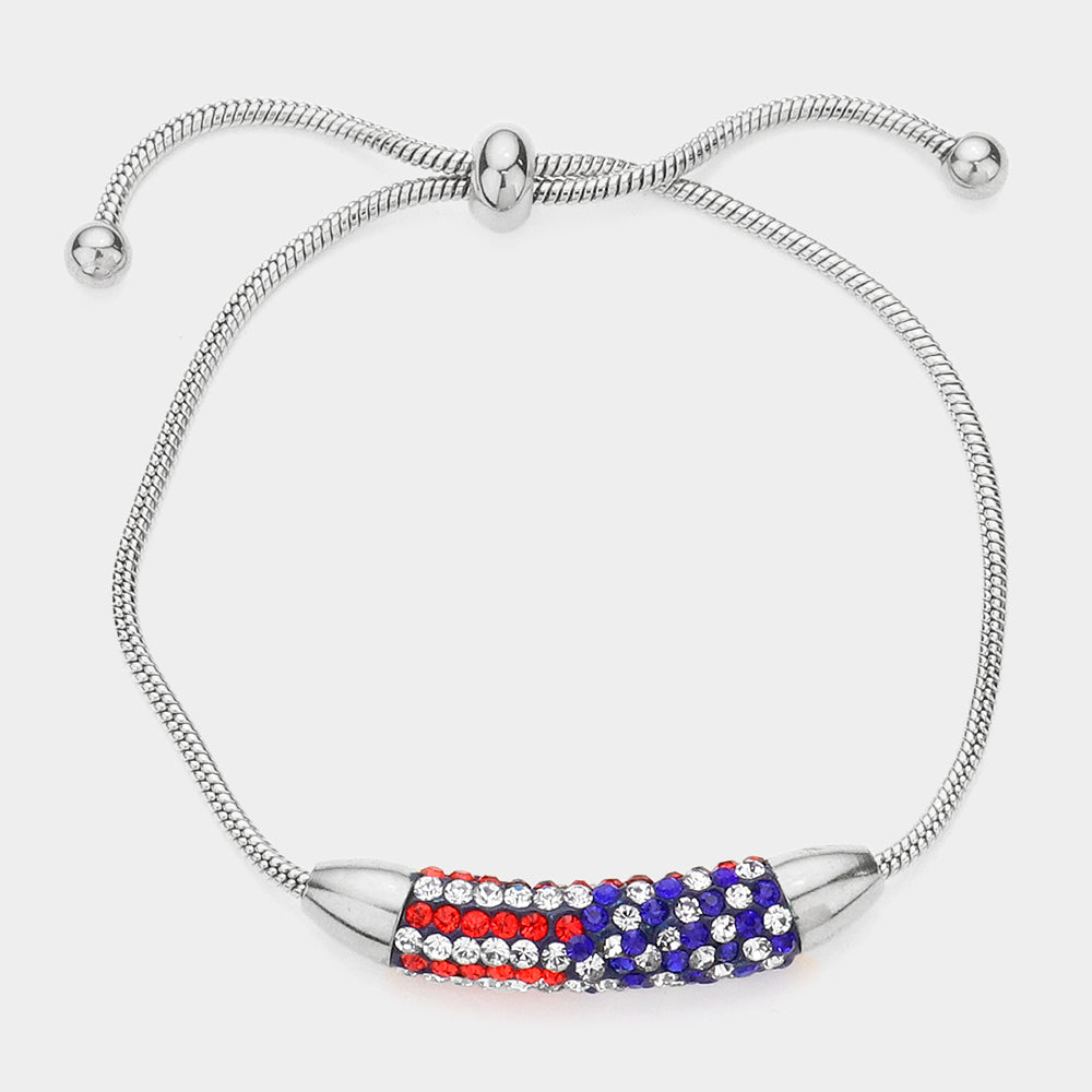 Stone Paved USA Flag Bar Adjustable Pull Tie Bracelet