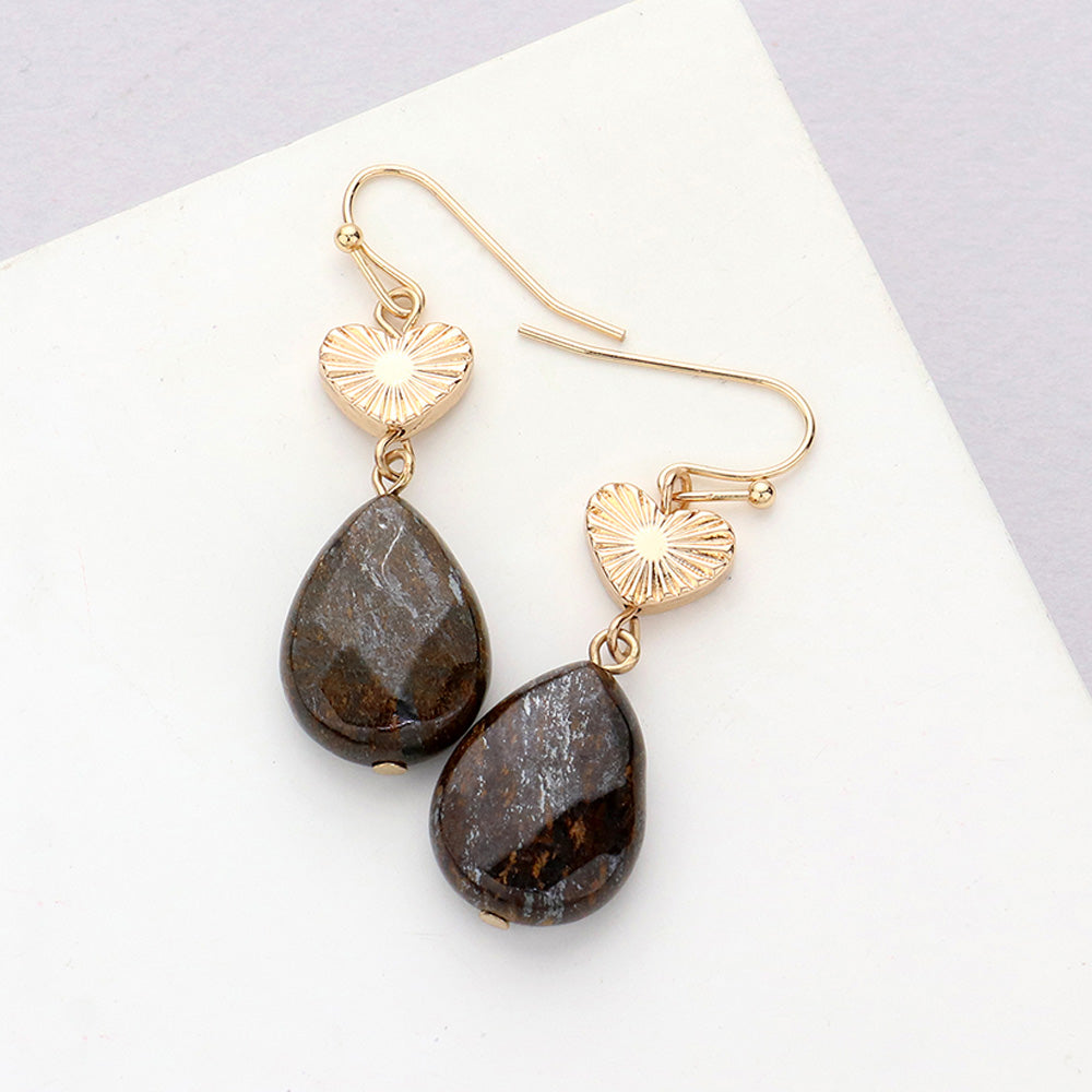 Metal Heart Teardrop Natural Stone Link Dangle Earrings 4