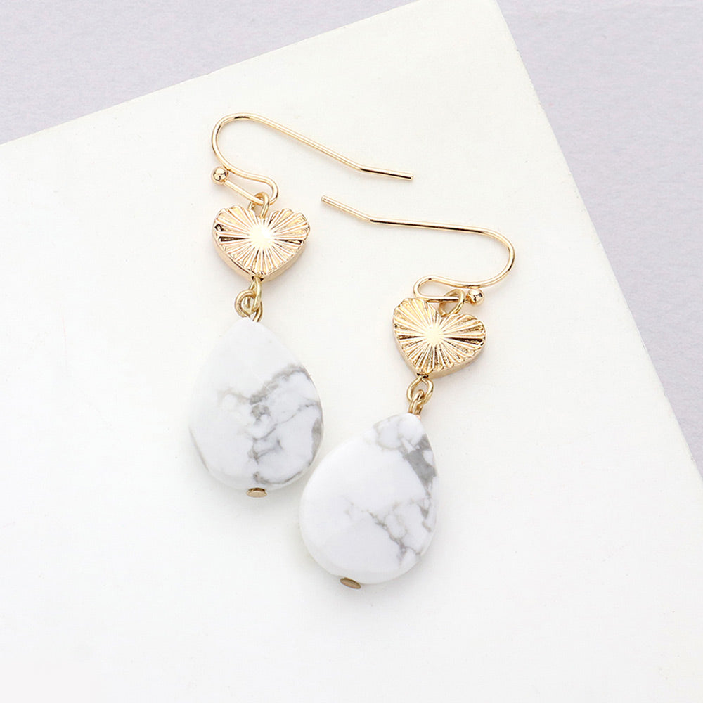 Metal Heart Teardrop Natural Stone Link Dangle Earrings 2