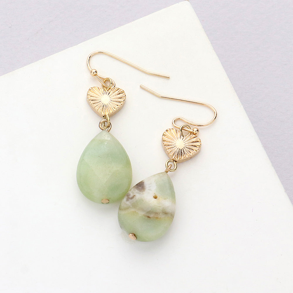 Metal Heart Teardrop Natural Stone Link Dangle Earrings 5