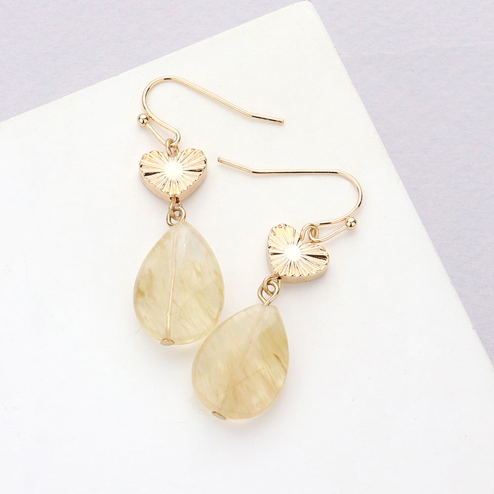 Metal Heart Teardrop Natural Stone Link Dangle Earrings 1