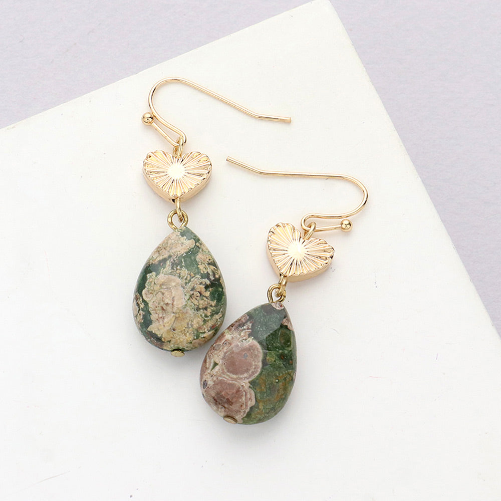 Metal Heart Teardrop Natural Stone Link Dangle Earrings 13