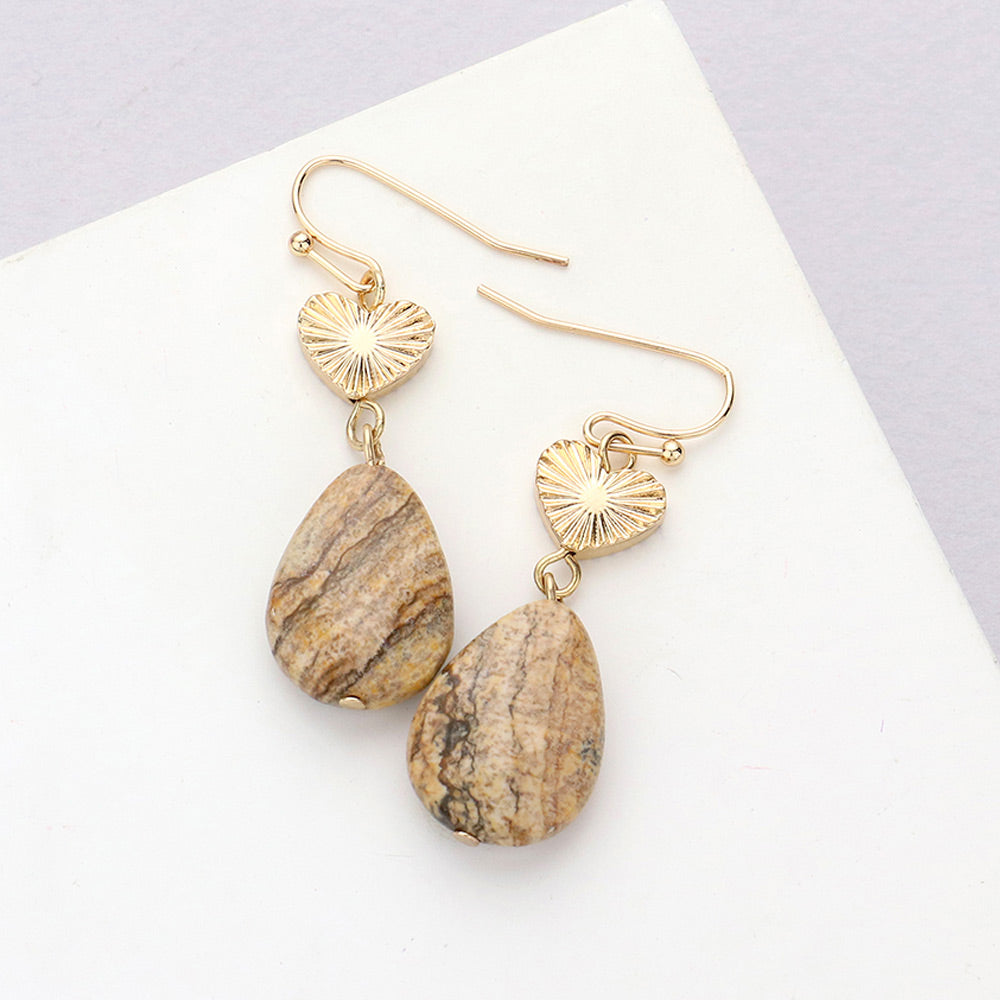 Metal Heart Teardrop Natural Stone Link Dangle Earrings 3