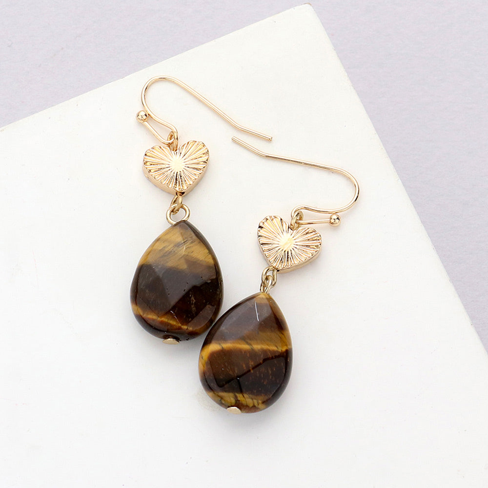 Metal Heart Teardrop Natural Stone Link Dangle Earrings 9