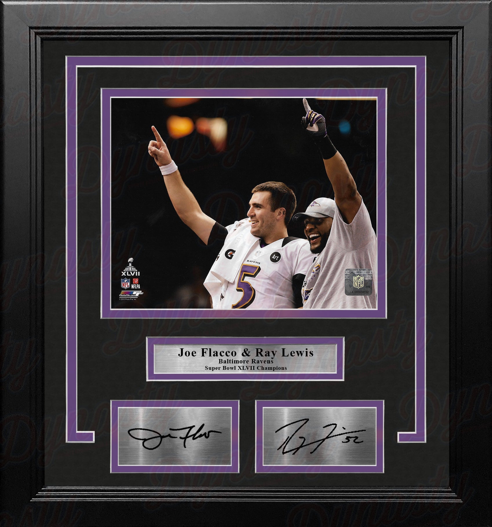 Joe Flacco & Ray Lewis Baltimore Ravens Super Bowl Champs 8x10 Framed Photo with Engraved Autographs 1