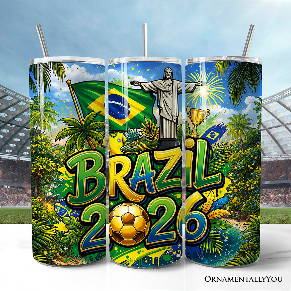 Brazil 2026 Soccer Cup Global Championship 20oz Tumbler With Lid and Stainless Steel Straw, Fans Football Gift Cup 1