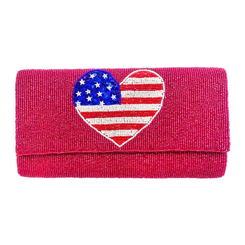 American USA Flag Heart Seed Beaded Clutch Crossbody Bag 3