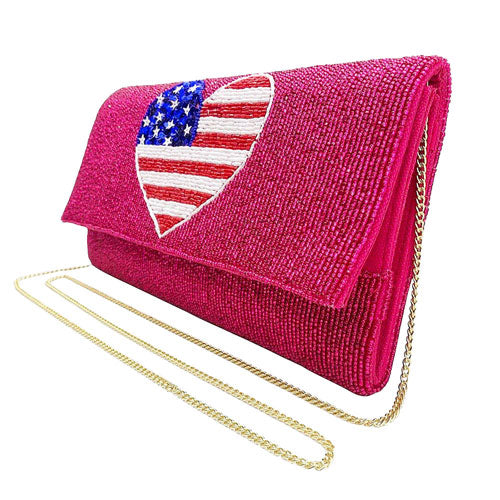 American USA Flag Heart Seed Beaded Clutch Crossbody Bag 4