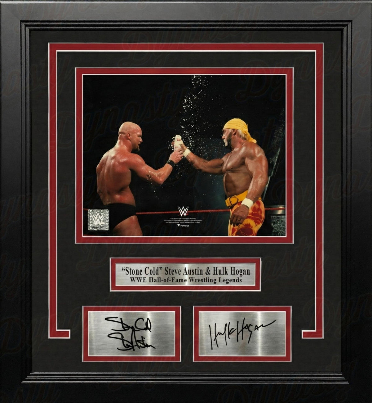 Stone Cold Steve Austin & Hulk Hogan Toast in the Ring 8x10 Framed WWE Photo w/ Engraved Autographs 1