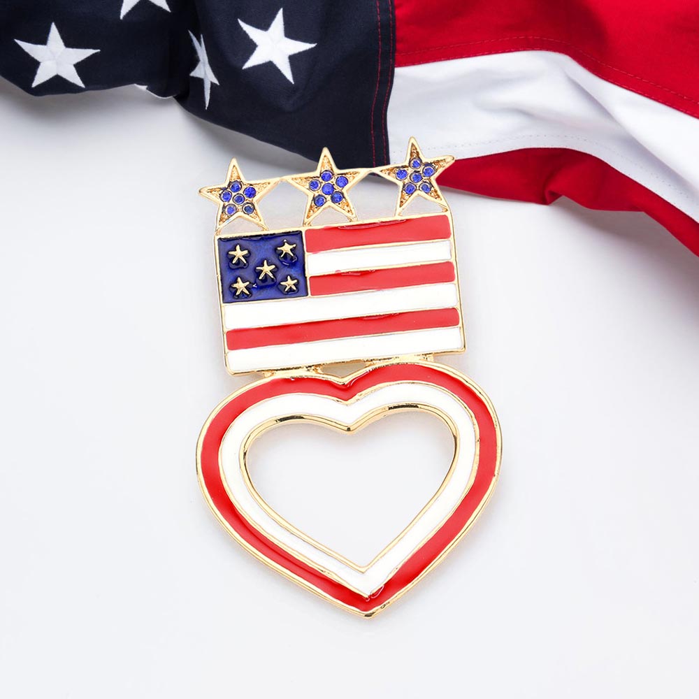 Enamel American USA Flag Open Heart Pin Brooch 3