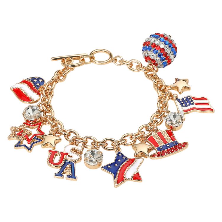 Enamel Stone Paved American USA Flag Message Shamballa Ball Charm Embellished Toggle Bracelet 1