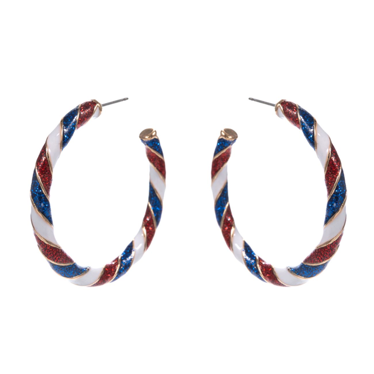 Gold Patriotic American USA Glittered Enamel Twist Hoop Earrings