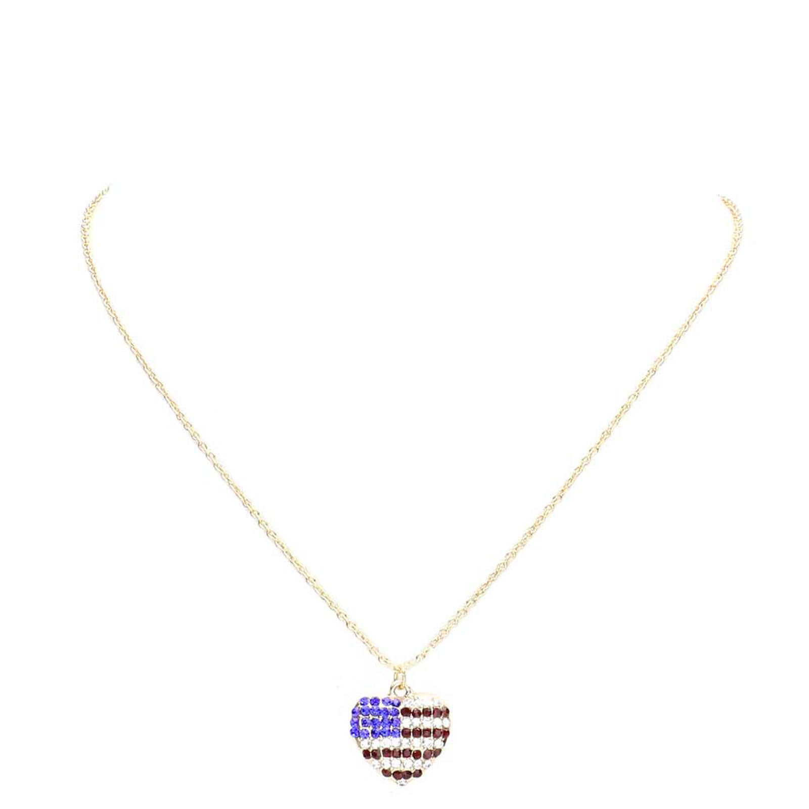 Rhinestone Embellished American USA Flag Pendant Necklace