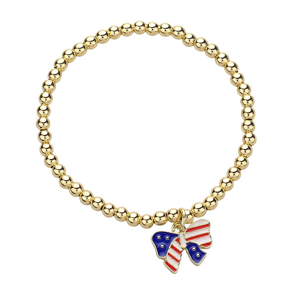 Stainless Steel Enamel American USA Flag Bow Charm Stretch Bracelet