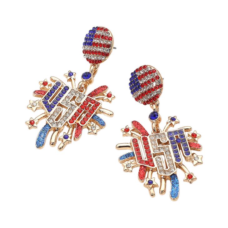 Stone Paved American USA Flag Accent Enamel USA Message Firework Dangle Earrings