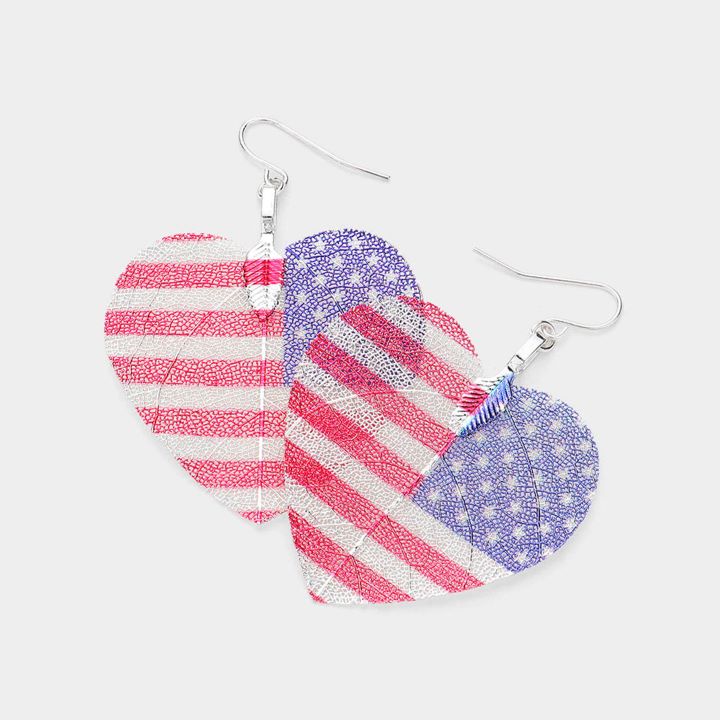 White Gold Dipped Sterling Silver Post Patriotic Heart Earrings 1