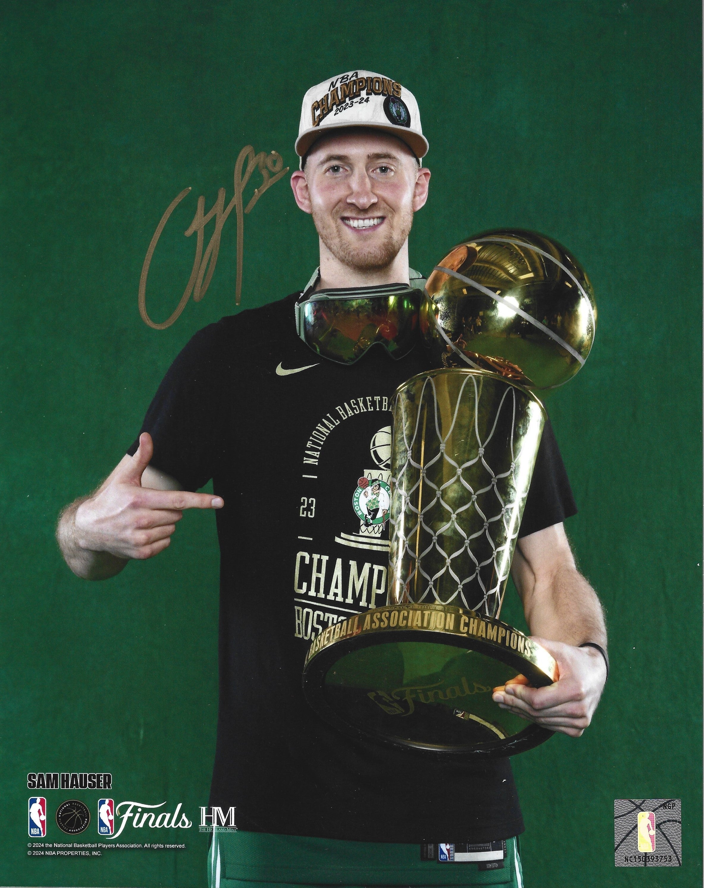 Sam Hauser 2024 NBA Trophy Autographed Boston Celtics 8" x 10" Championship Photo 2