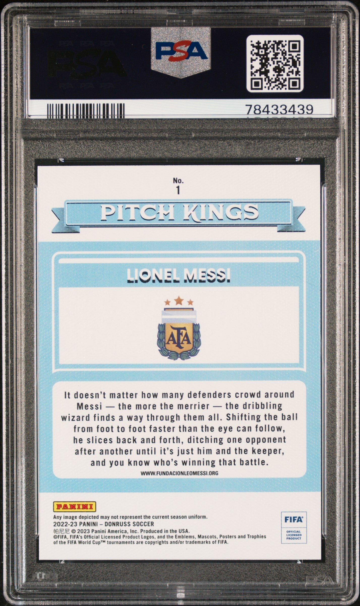 Graded 2022 Panini Donruss FIFA Lionel Messi #1 Pitch Kings Soccer Card PSA 10 Gem Mint 2