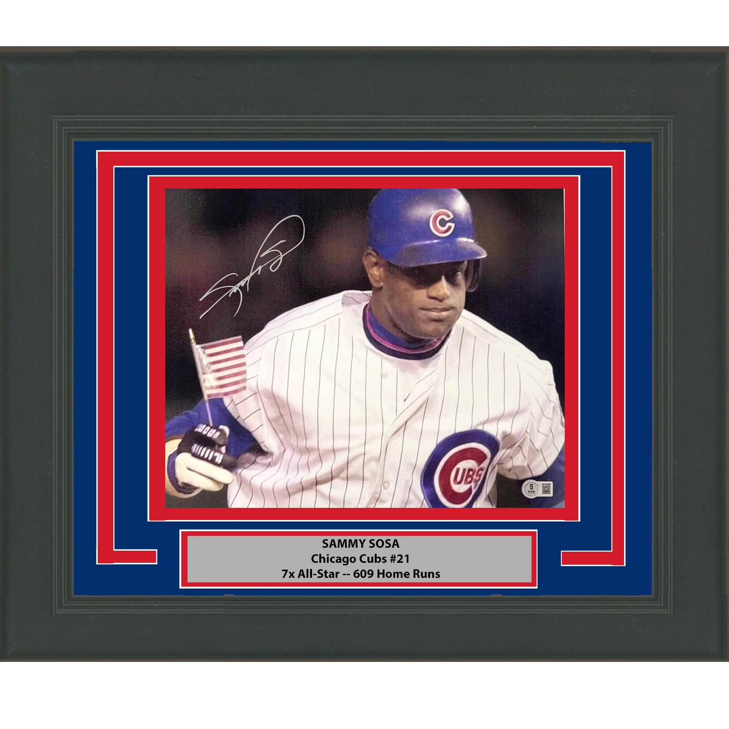 Framed Autographed/Signed Sammy Sosa USA Flag Chicago Cubs 11x14 Baseball Photo Beckett BAS COA 1