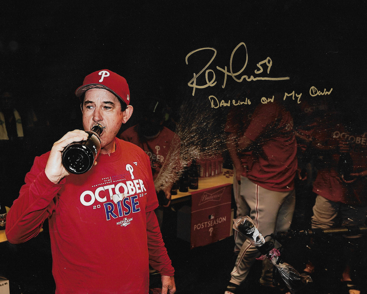 Rob Thomson NL Champs Locker Room Philadelphia Phillies Autographed 16x20 Photo (Dancing on my Own) 1