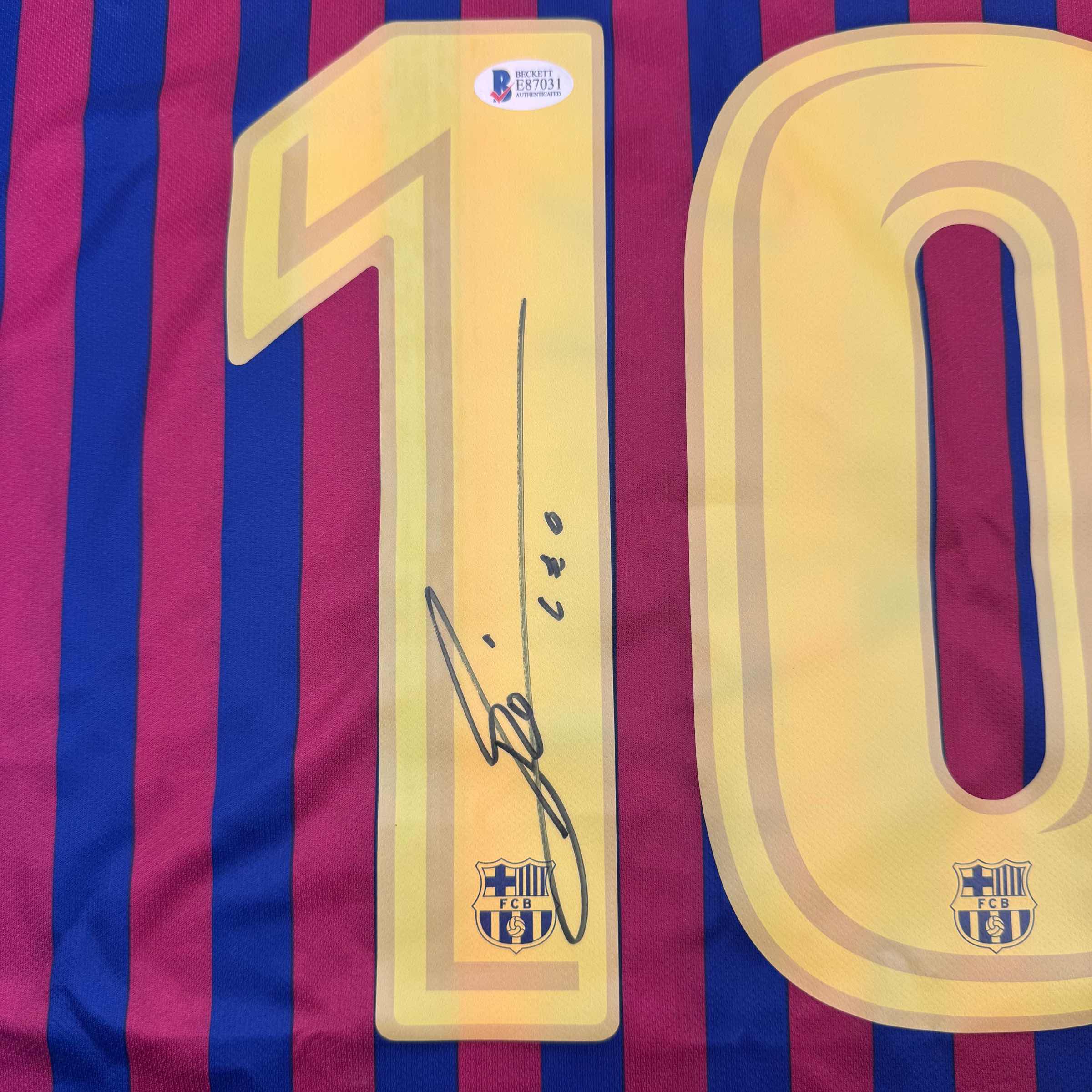 Autographed/Signed Lionel Leo Messi FC Barcelona Soccer Jersey Beckett BAS COA 3