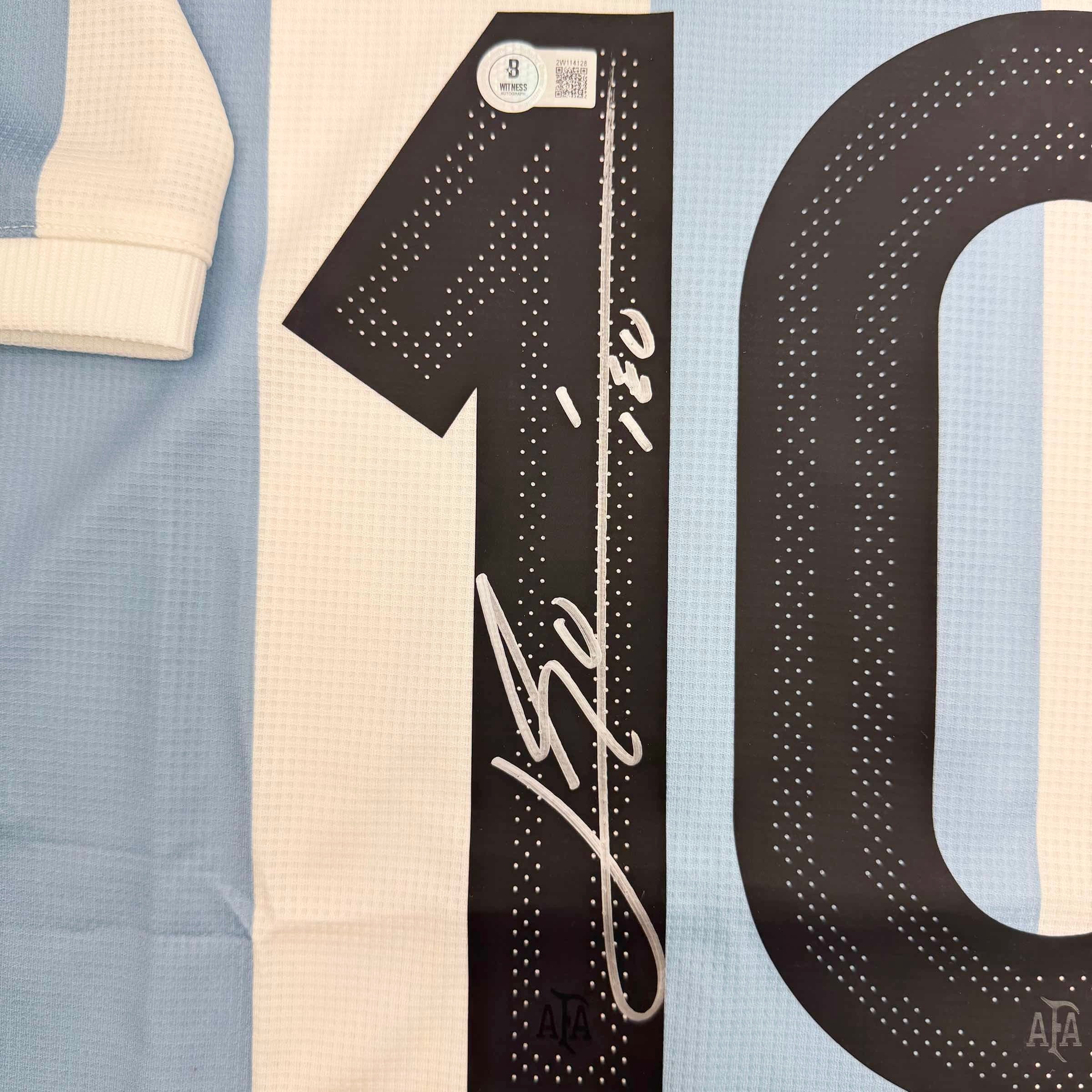 Autographed/Signed Lionel Leo Messi Argentina Blue/White Soccer Jersey Beckett BAS COA 3
