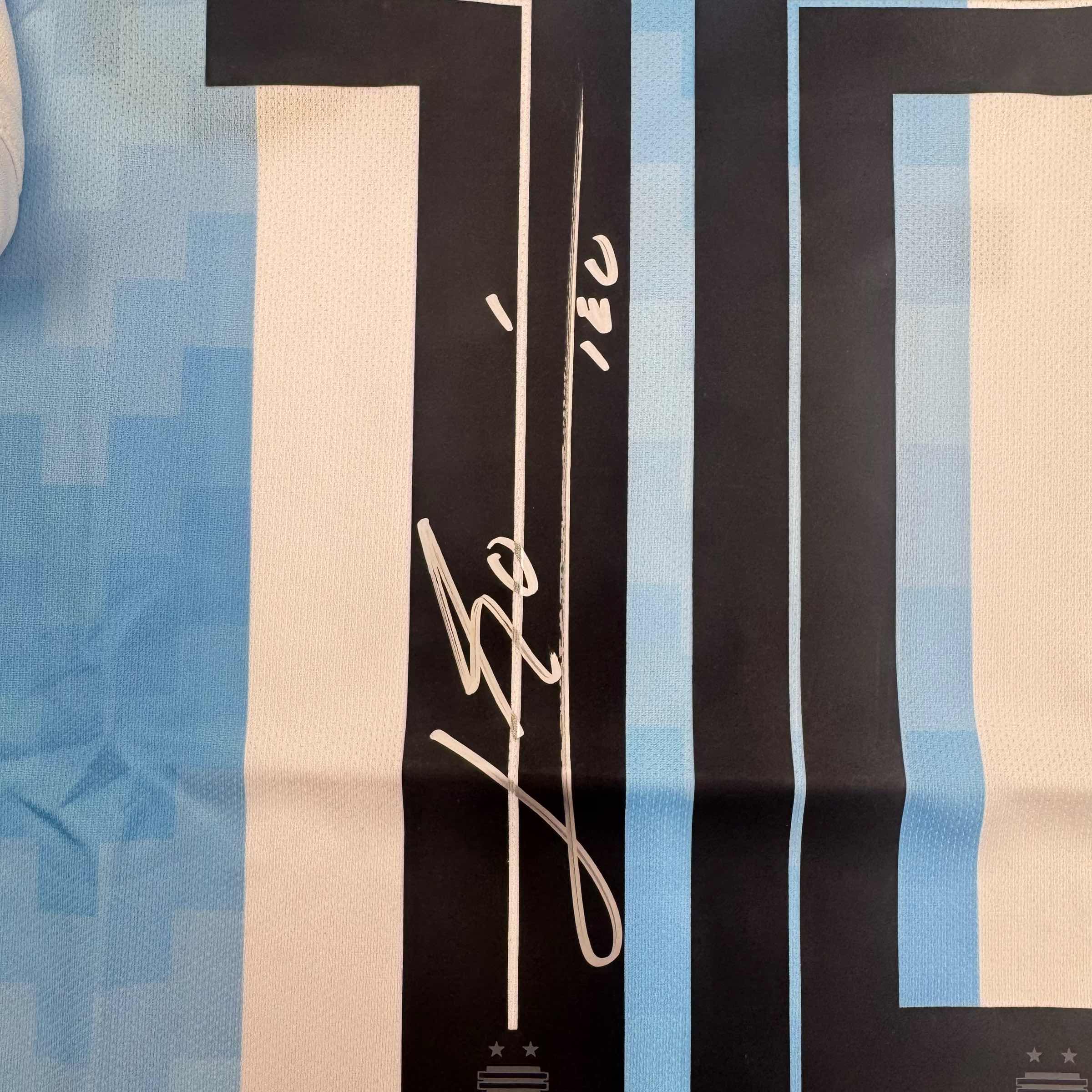Autographed/Signed Lionel Leo Messi Argentina Blue/White Soccer Jersey Beckett BAS COA 3