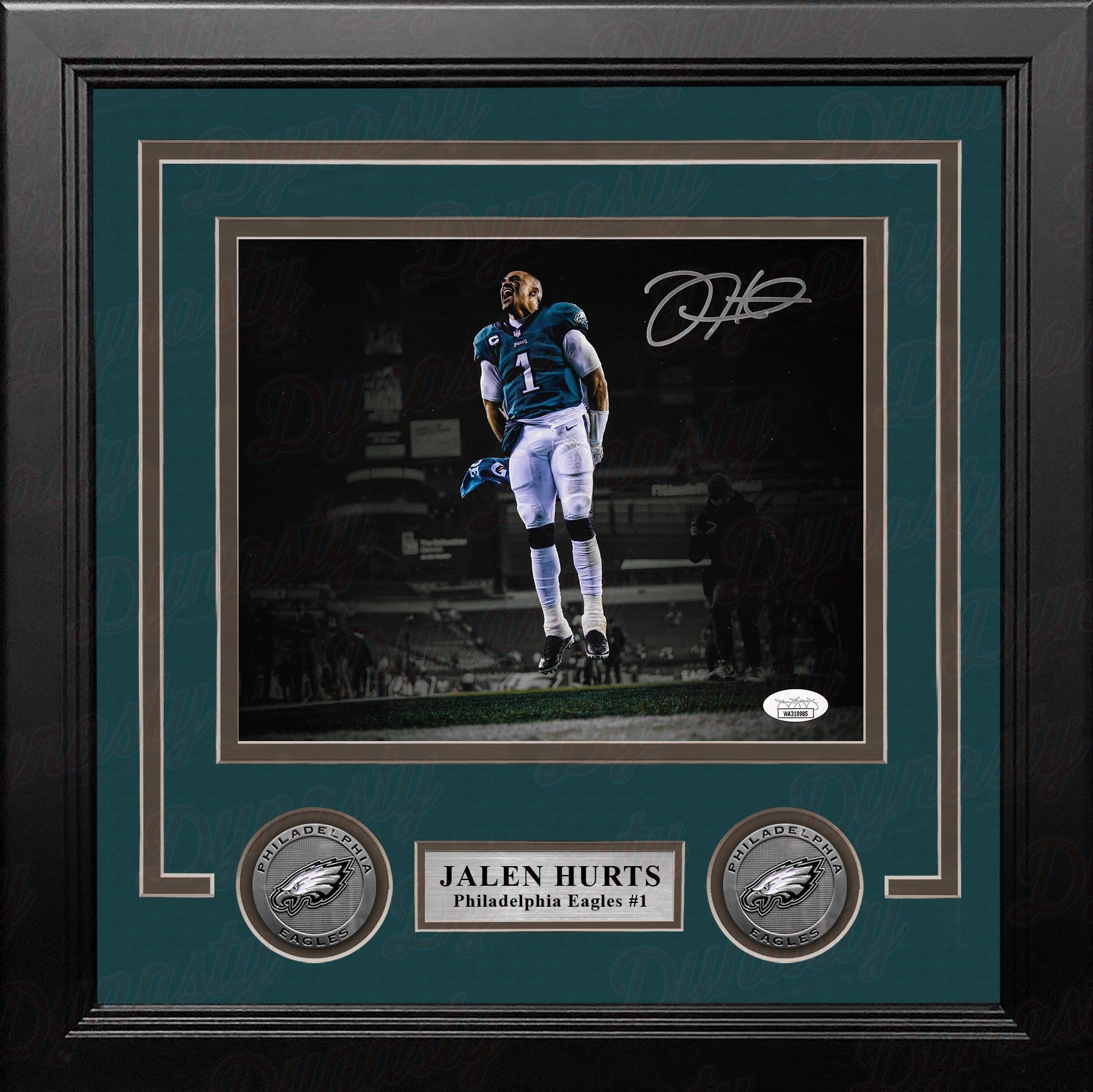 Jalen Hurts Celebration Philadelphia Eagles Autographed 8" x 10" Framed Football Blackout Photo 1