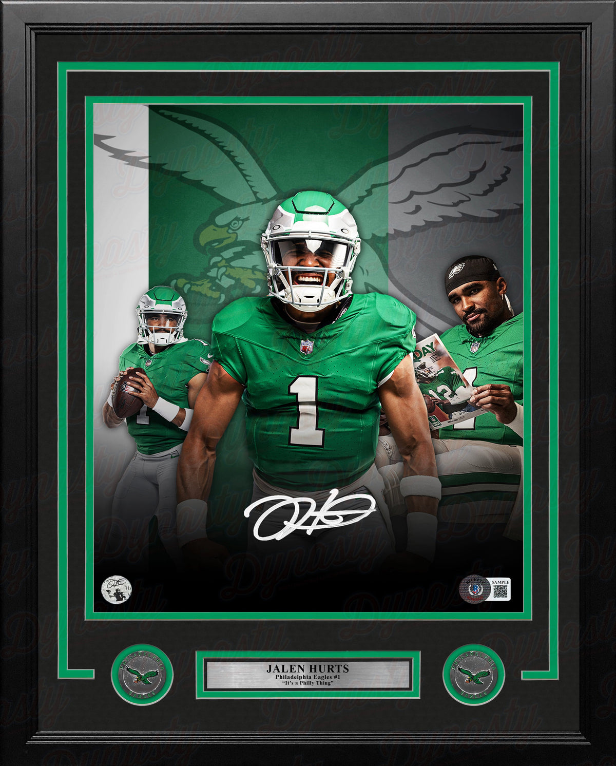 Jalen Hurts Philadelphia Eagles Autographed 11" x 14" Framed Kelly Green Collage Football Photo 1