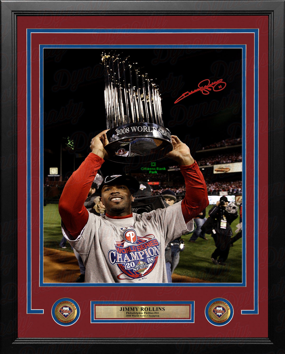 Jimmy Rollins 2008 World Series Trophy Autographed Philadelphia Phillies Framed Photo - PSA/DNA 4