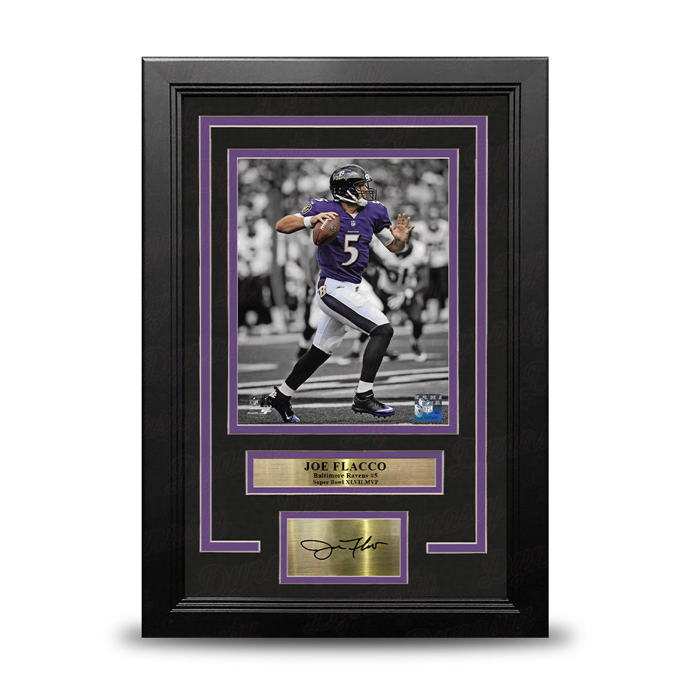Joe Flacco Spotlight Action Baltimore Ravens 8x10 Framed Football Photo with Engraved Autograph 1