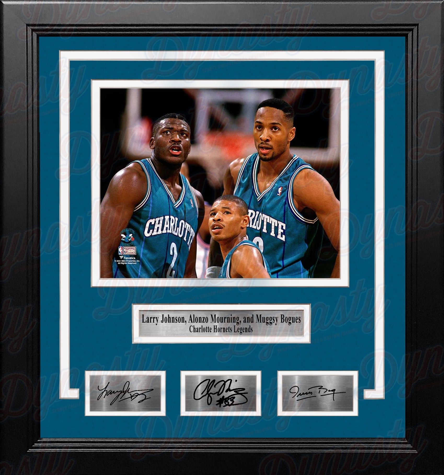 Larry Johnson, Alonzo Mourning, Muggsy Bogues Hornets 8x10 Framed Photo with Engraved Autographs 1