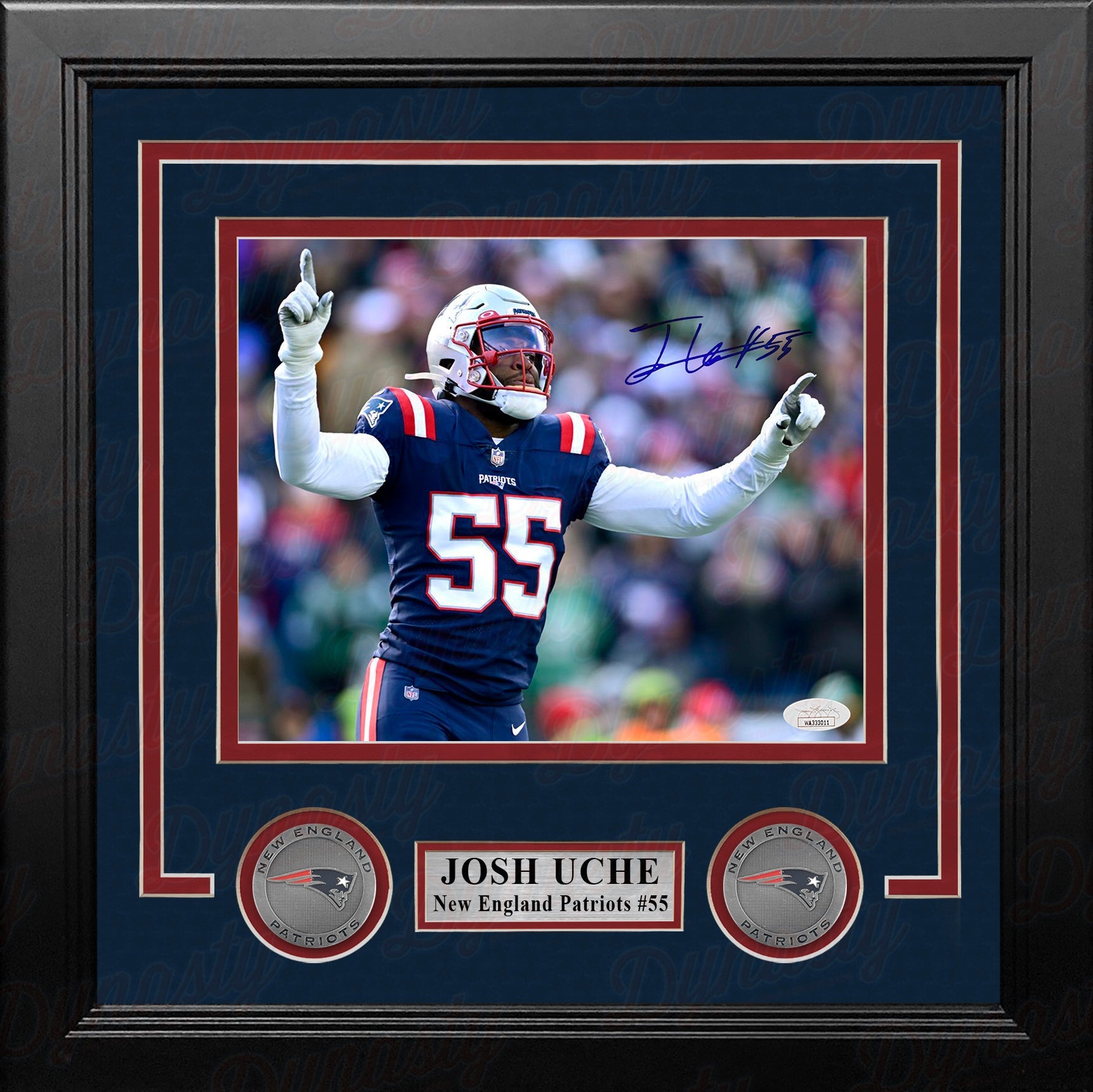 Josh Uche in Action New England Patriots Autographed 8" x 10" Framed Football Photo 1