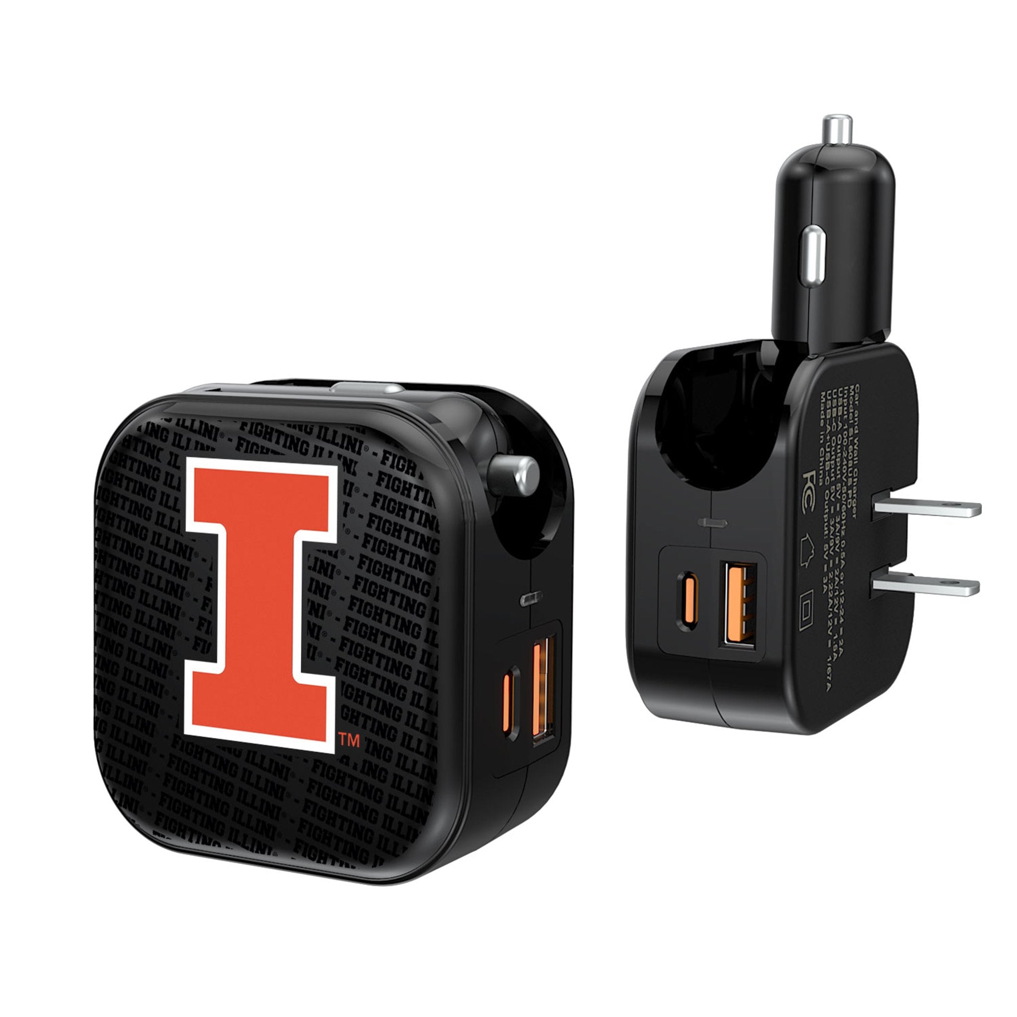 University of Illinois Fighting Illini Text Backdrop 2 in 1 USB A/C Charger 1