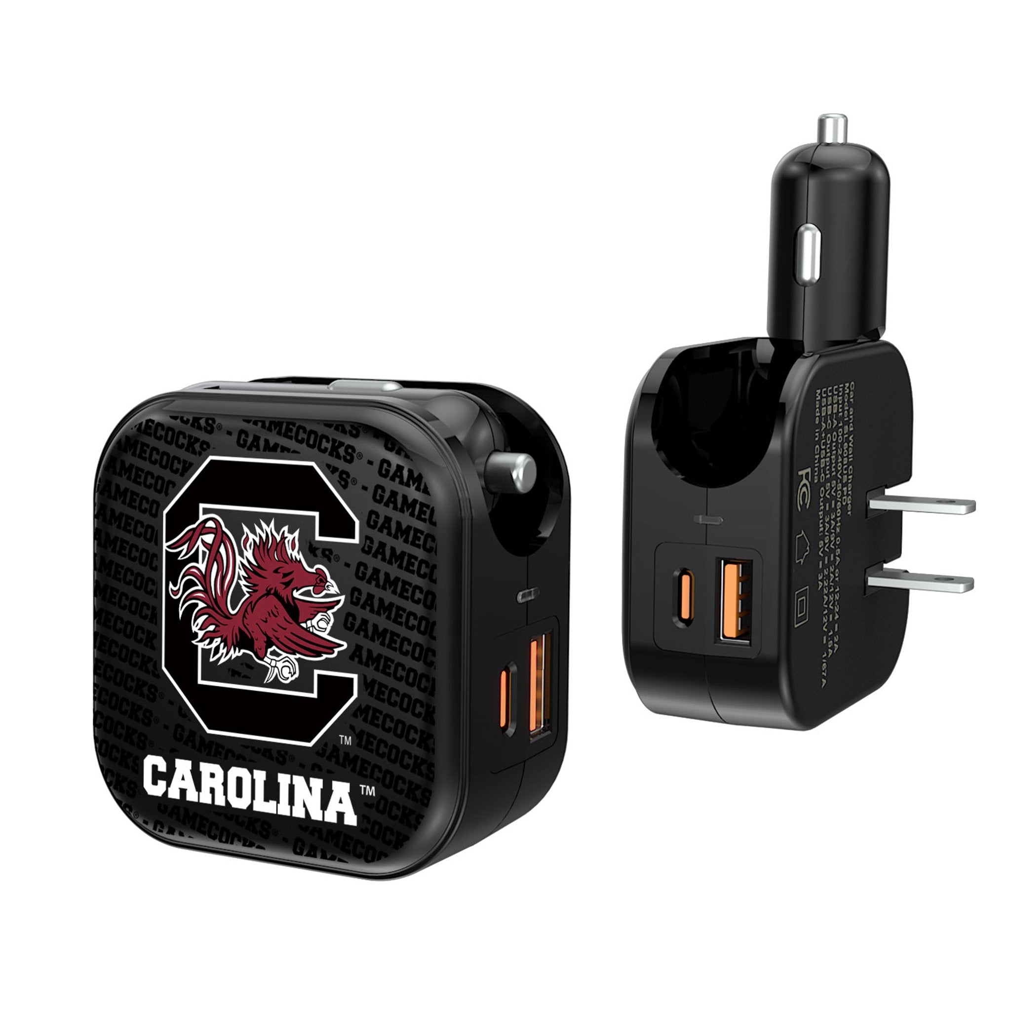 University of South Carolina Gamecocks Text Backdrop 2 in 1 USB A/C Charger 1
