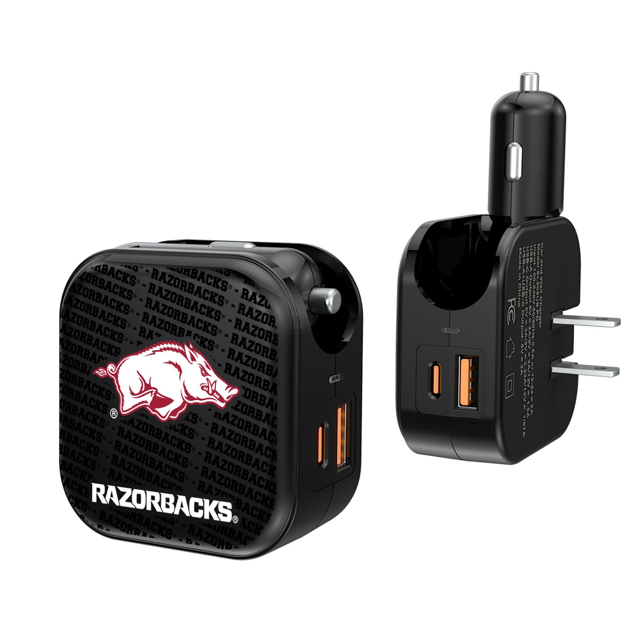 University of Arkansas Fayetteville Razorbacks Text Backdrop 2 in 1 USB A/C Charger 1