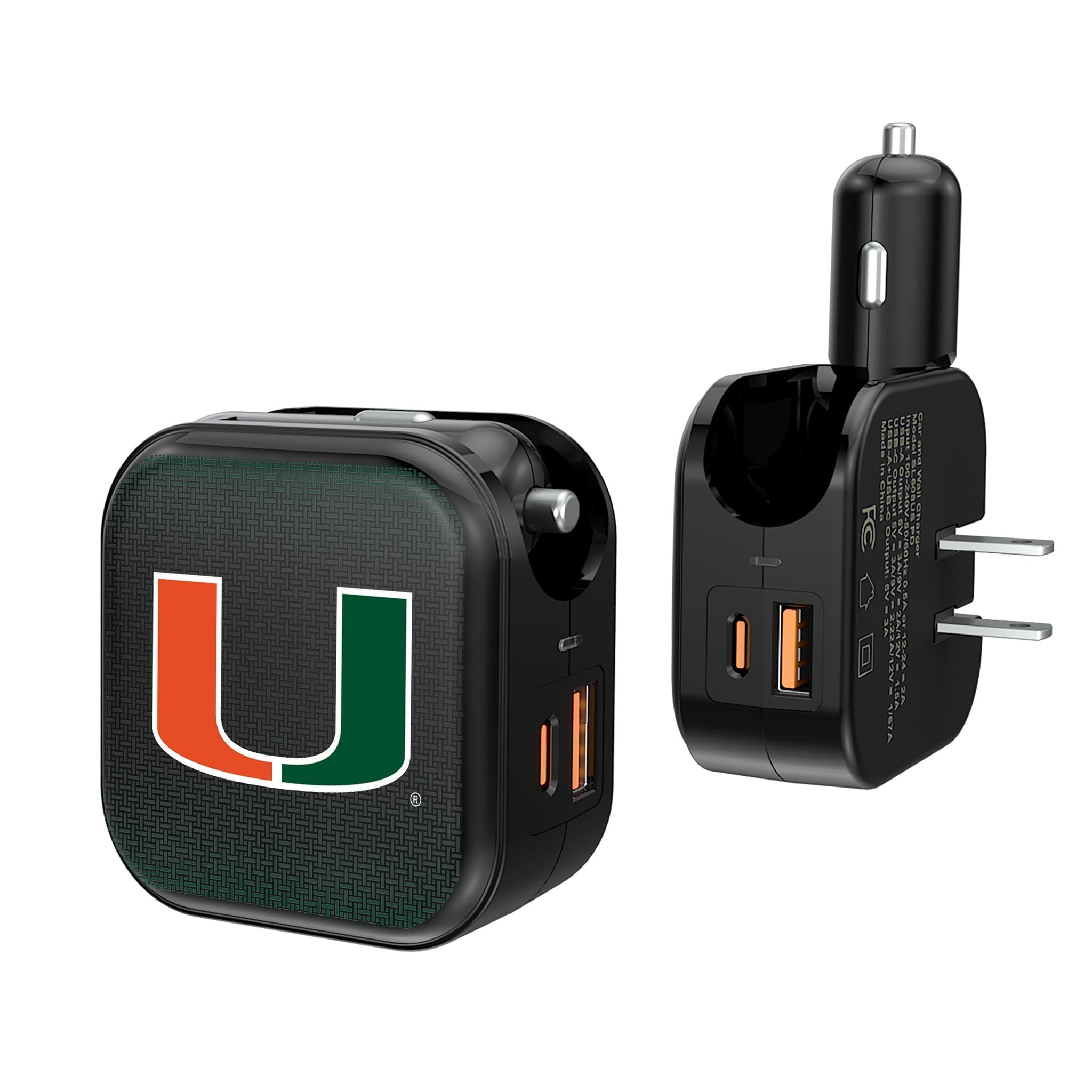University of Miami Hurricanes Linen 2 in 1 USB A/C Charger 1