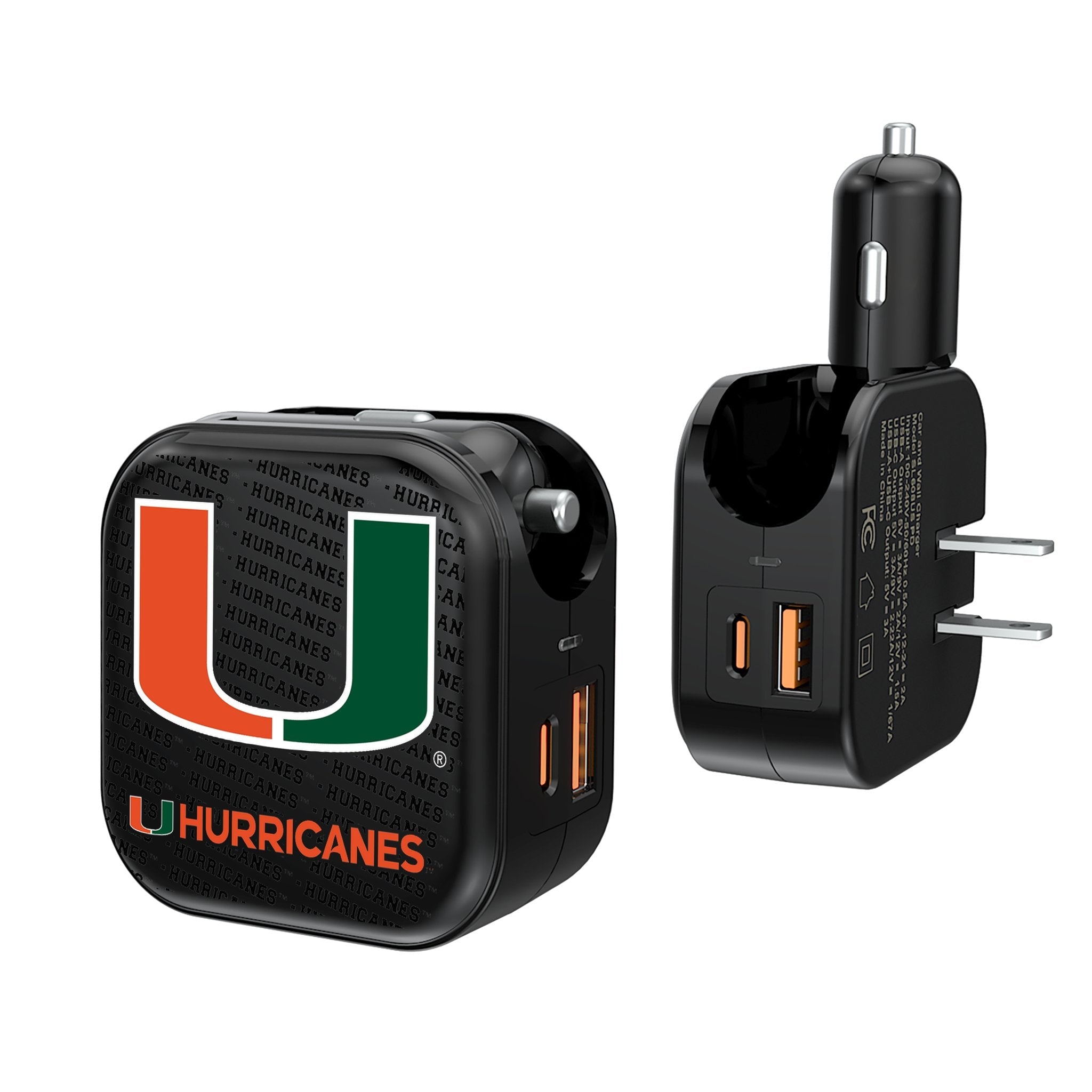 University of Miami Hurricanes Text Backdrop 2 in 1 USB A/C Charger 1