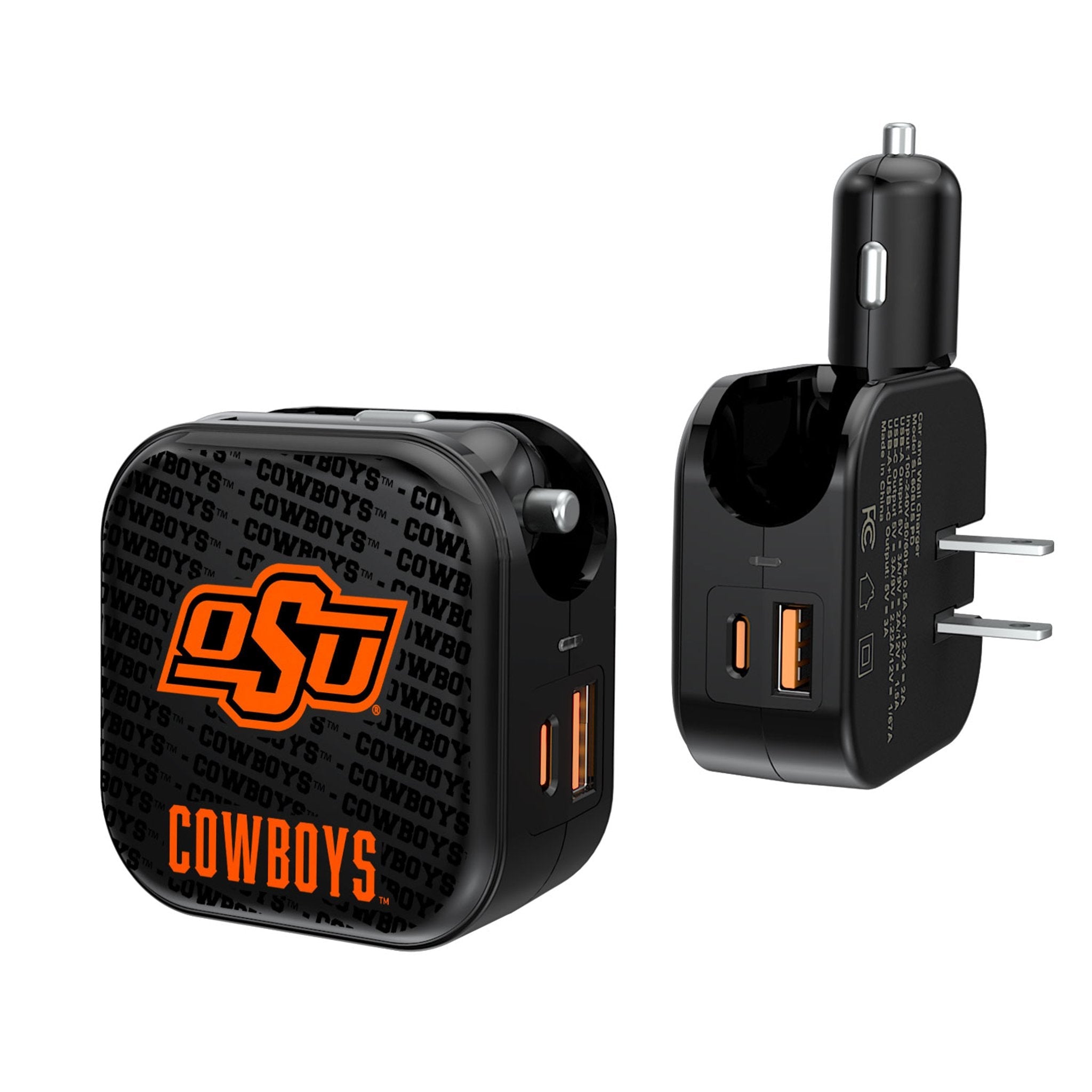 Oklahoma State University Cowboys Text Backdrop 2 in 1 USB A/C Charger 1