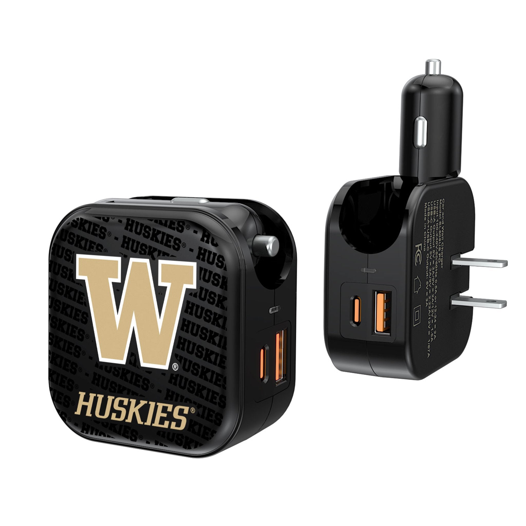 University of Washington Huskies Text Backdrop 2 in 1 USB A/C Charger 1
