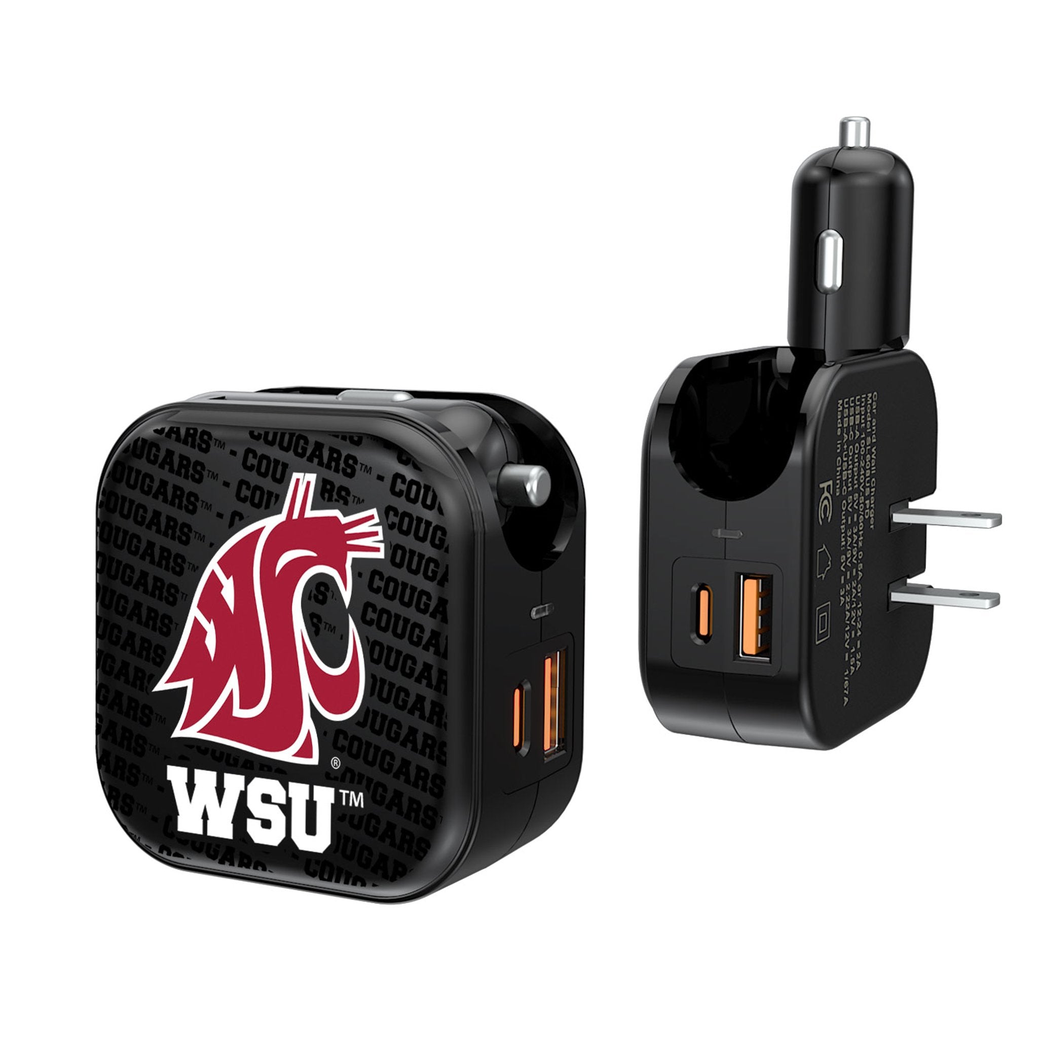 Washington State University Cougars Text Backdrop 2 in 1 USB A/C Charger 1
