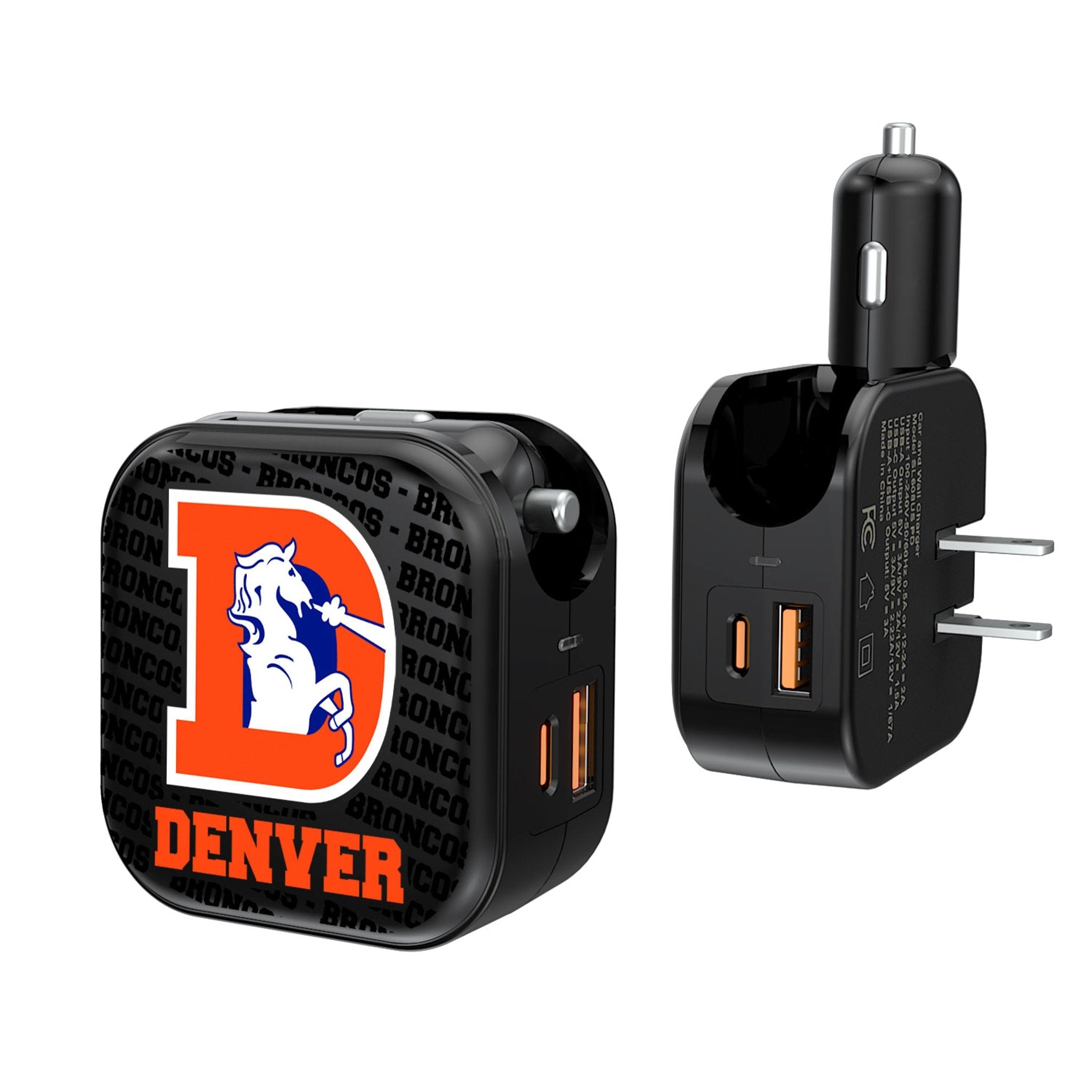 Denver Broncos 1993-1996 Historic Collection Text Backdrop 2 in 1 USB A/C Charger 1